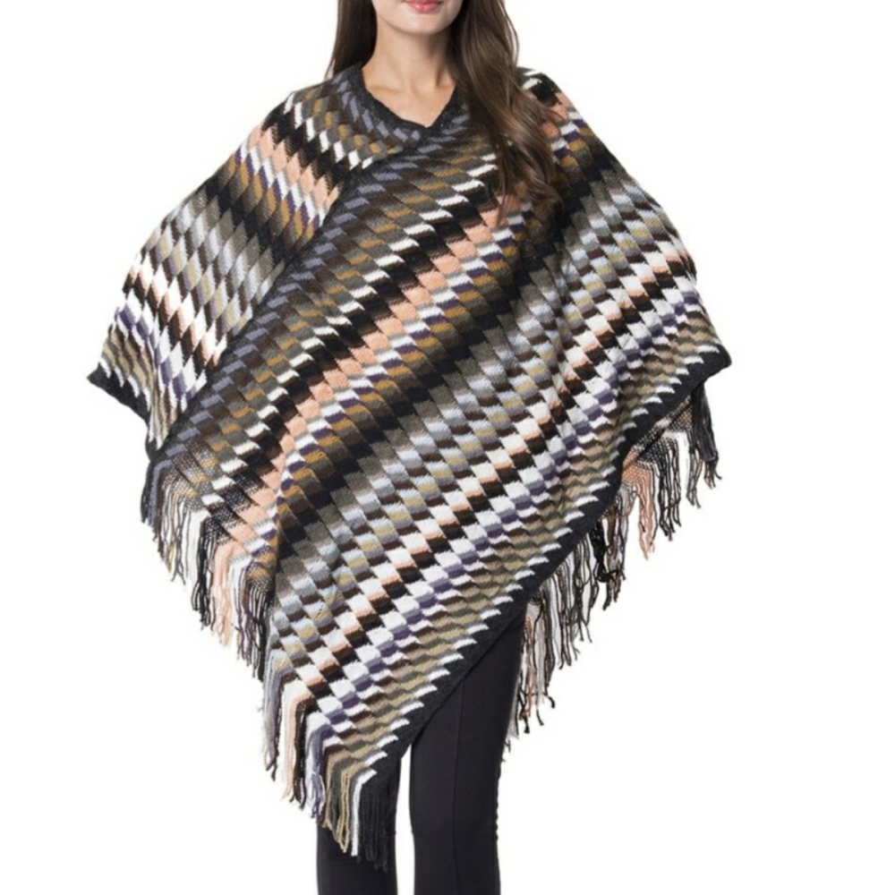 Multi Color Geometric Pattern Poncho - Picture 2 of 5